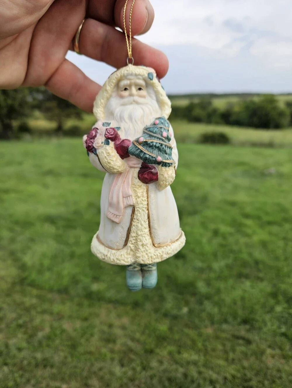 OLD WORLD SANTA Claus Christmas Bell Ornament Vintage Pastel White Gold Tree Dan